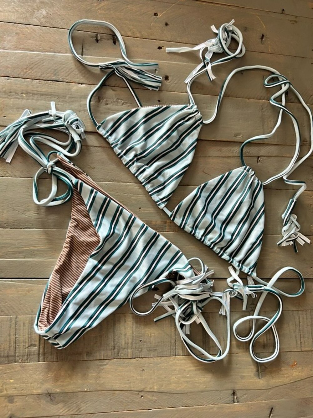 acacia swimwear White & Green Striped Triangle Bikini
